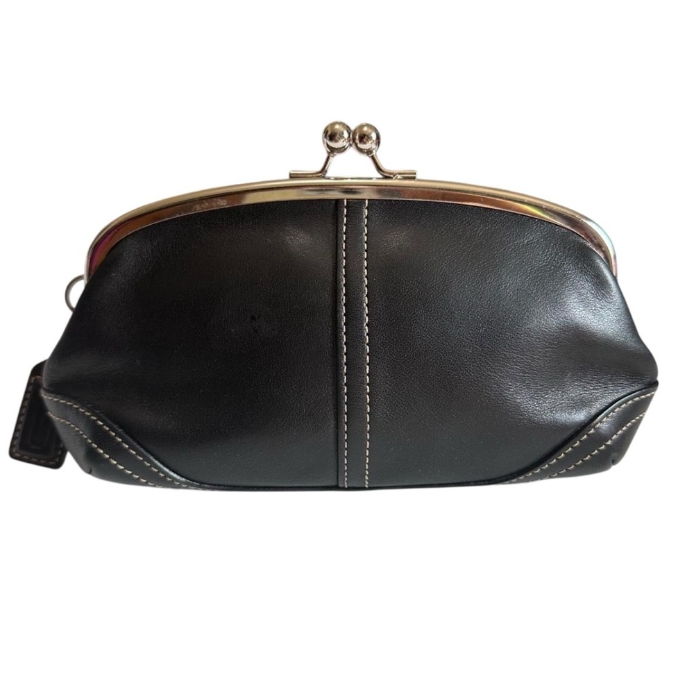 Vintage Coach Black Leather Kiss-Lock Clutch with Contrast Stitching